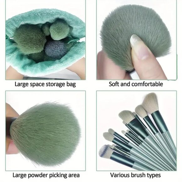 13pcs Green Makeup Brush Set Women's Makeup Goat Hair Tools Professional - Picture 8 of 9